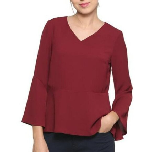 Allen Solly Burgundy Peplum flared sleeve v-neck blouse small - Picture 1 of 16